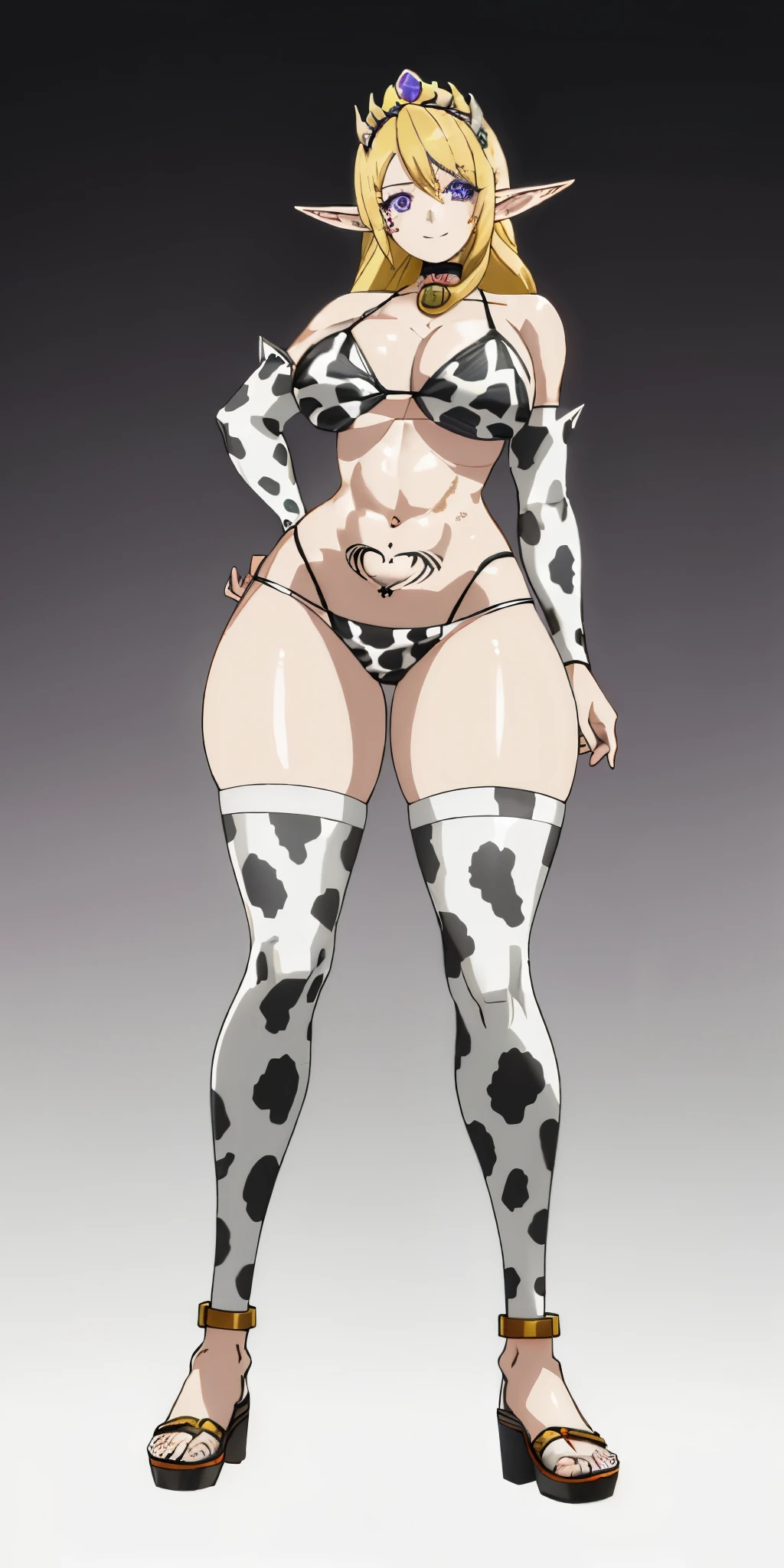 ((plain background:1.2)) ((1girl)) full body, standing, elf, mature, detailed happy face, purple eyes, blonde hair, black and white bikini (cow print bikini) (detached sleeves and stockings like ciw print) abs, big knockers, golden chain collar, stomach tattoo (red tattoo under belly button) (navel) whole body, 1solo (girl), slave fighter, loincloth standing, hands on hips, metal sandals, choker, big belt, looking to viewer, view from below, cow boy shot, far shoot, feet together, bracers, tiara
