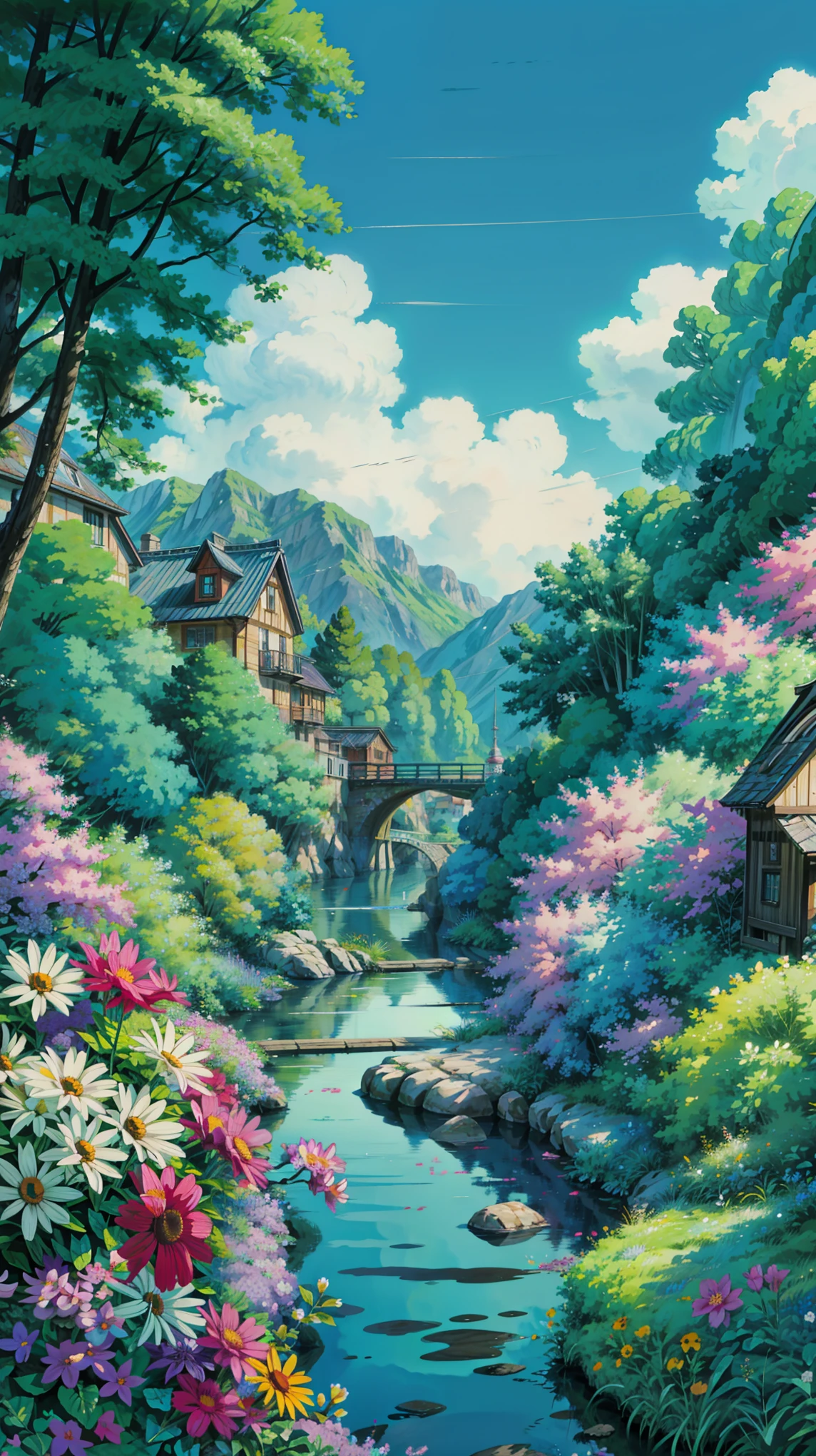 a painting of studio ghibli streets, still from the wind rises movie, multicolored flowers, river, anime, japanese, flower background, flowery wallpaper, flowers background, floral background, mountainous background, mountain background. by makoto shinkai, ghibli artstyle, 4k professional painting, game, detailed key anime art, illustation, a beautiful artwork illustration, beautiful digital painting, highly detailed digital painting, beautiful digital artwork, detailed painting 4 k, very detailed digital painting, rich picturesque colors, gorgeous digital painting