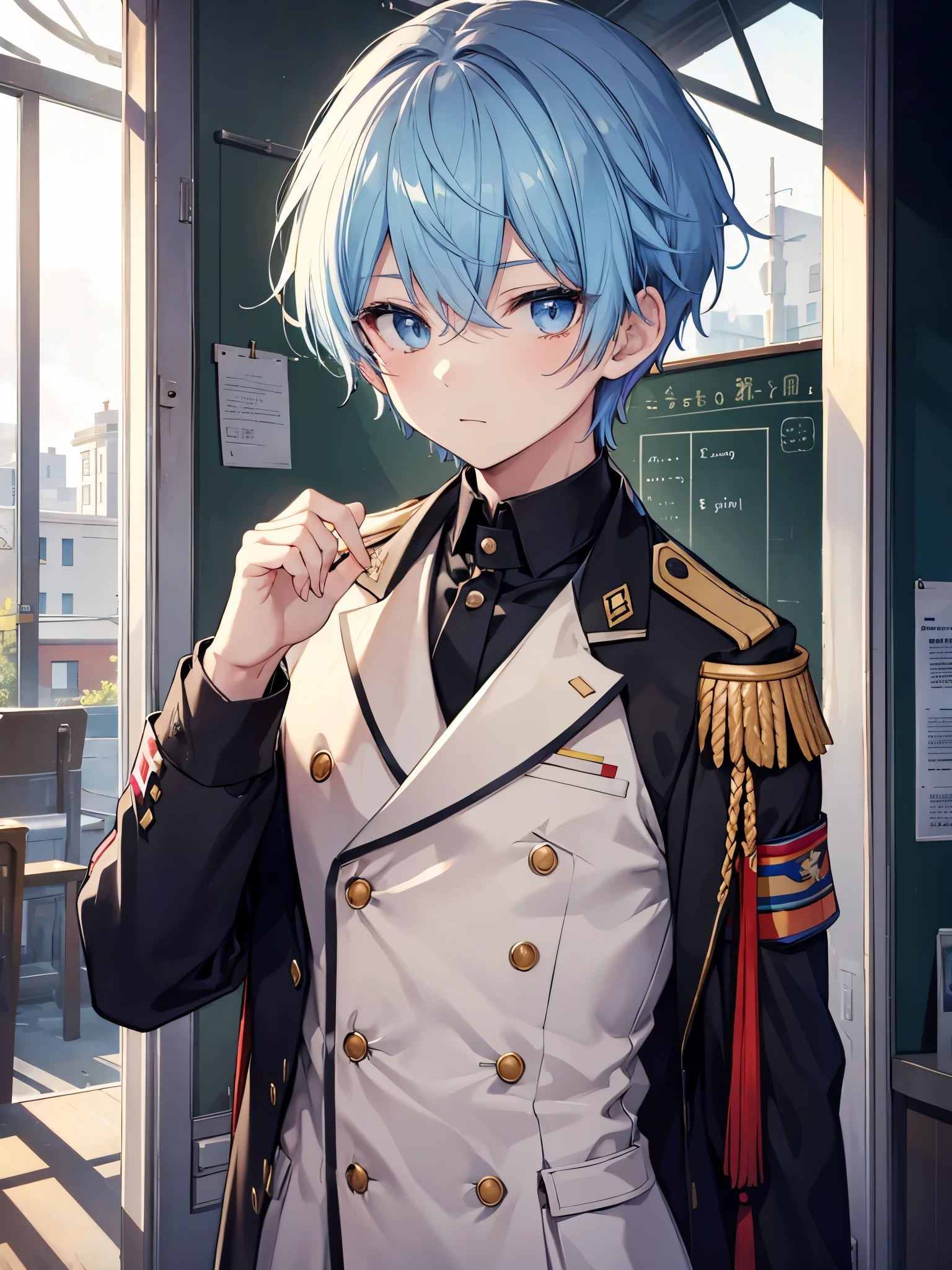 1boy, random color hair, beautiful boy, random color eyes, double-breasted military jacket, school