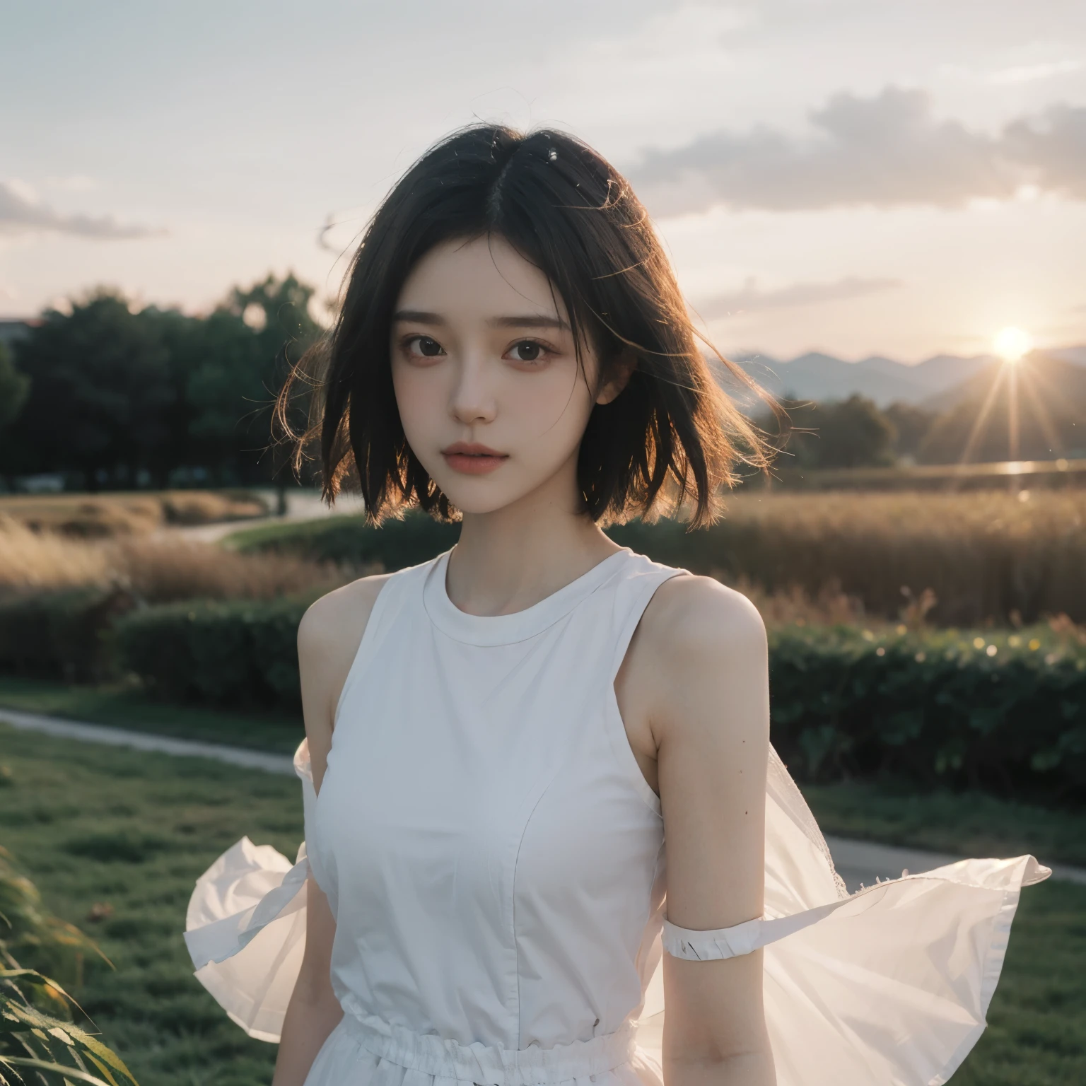 highest quality,masterpiece,Ultra-high resolution,Realistic,RAW Photos,unity 8k wallpaper, Panorama, Cinematic lighting,
On the grass, sunset, Dappled Sunshine, Golden Hour Lighting, Backlight, Blurred Background, (Lens flare), Wind, pastel colour, Soft Light,
1 Girl,Floating short hair, elegant, Upper Body,
