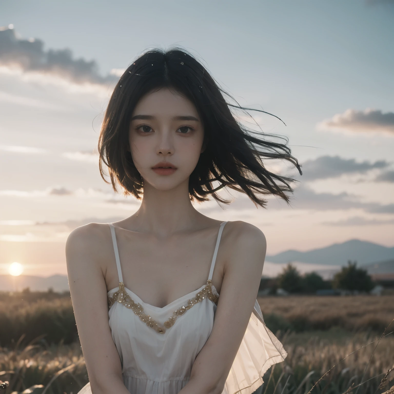 highest quality,masterpiece,Ultra-high resolution,Realistic,RAW Photos,unity 8k wallpaper, Panorama, Cinematic lighting,
On the grass, sunset, Dappled Sunshine, Golden Hour Lighting, Backlight, Blurred Background, (Lens flare), Wind, pastel colour, Soft Light,
1 Girl,Floating short hair, elegant, Upper Body,