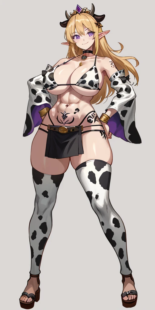 ((plain background:1.2)) ((1girl)) full body, standing, elf, mature, detailed happy face, purple eyes, blonde hair, black and white bikini (cow print bikini) (detached sleeves and stockings like ciw print) abs, big knockers, golden chain collar, stomach tattoo (red tattoo under belly button) (navel) whole body, 1solo (girl), slave fighter, loincloth standing, hands on hips, metal sandals, choker, big belt, looking to viewer, view from below, cow boy shot, far shoot, feet together, bracers, tiara