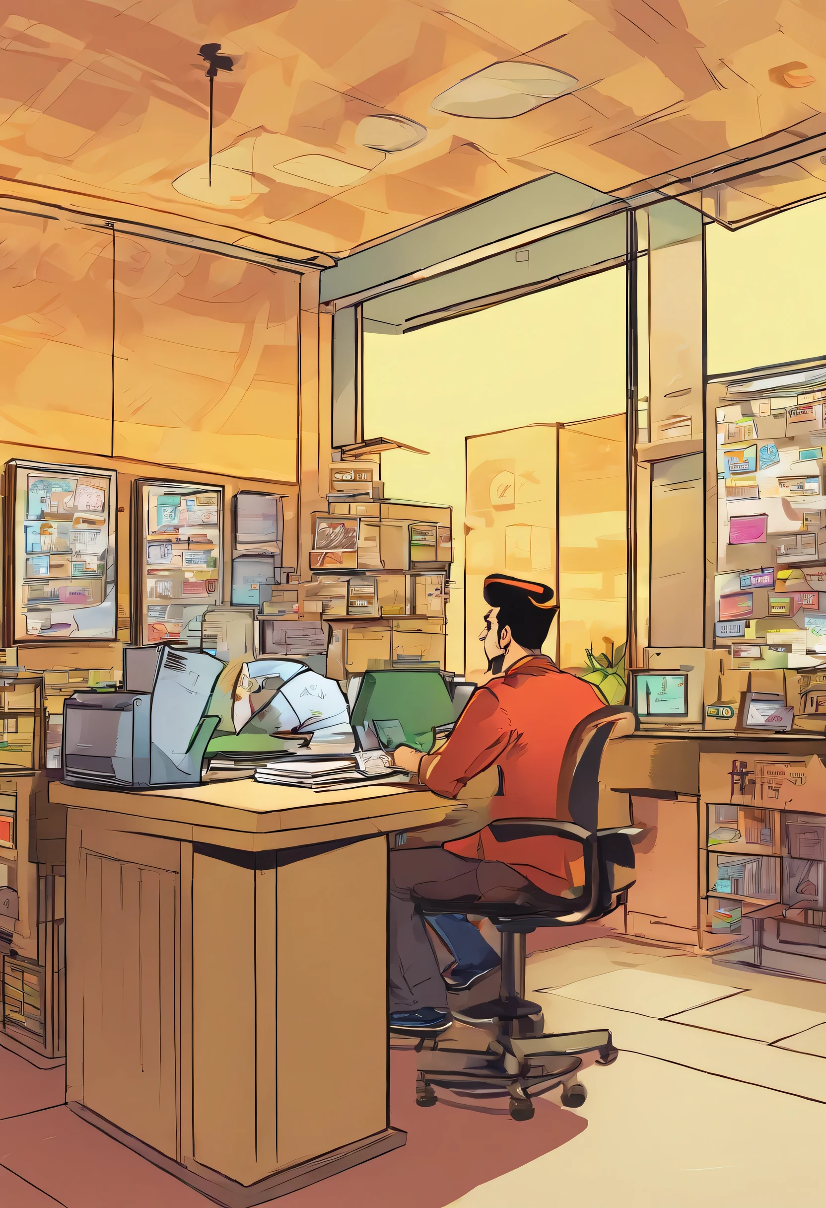 A calm bank, with employees busy working behind their desks. A young man, Adi, is seen sitting at a teller desk, giving a friendly smile to a customer withdrawing money.
Adi (thinking): "Phew, today's been quite busy. Lucky I can control my attacks."