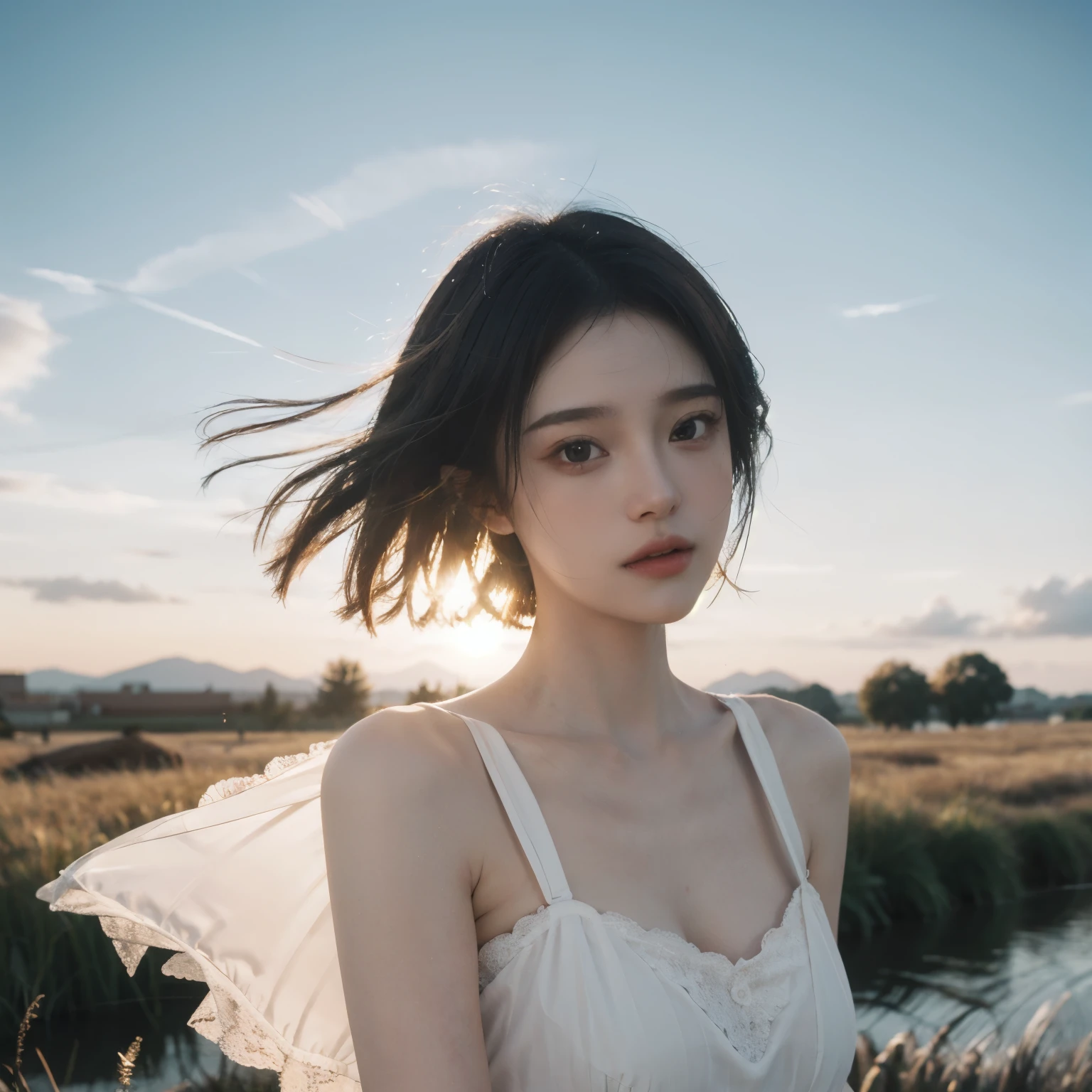 highest quality,masterpiece,Ultra-high resolution,Realistic,RAW Photos,unity 8k wallpaper, Panorama, Cinematic lighting,
On the grass, sunset, Dappled Sunshine, Golden Hour Lighting, Backlight, Blurred Background, (Lens flare), Wind, pastel colour, Soft Light,
1 Girl,Floating short hair, elegant, Upper Body,
