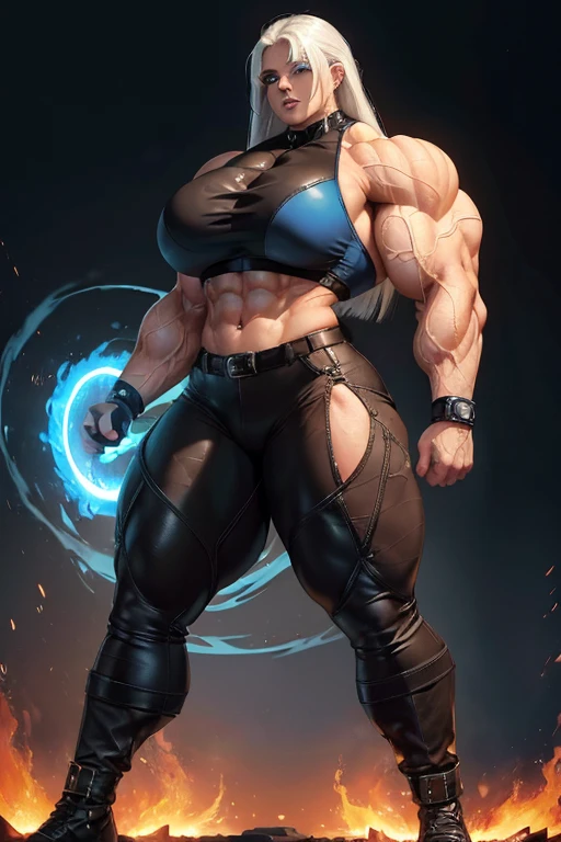 ((((Massive, beautiful, buff, light brown skinned, muscular woman with white hair, black lipstick, glowing blue eyes, ginormous bulky muscles, and wearing a black leather sports bra with pants)))), close view, massive muscles, massive biceps, hyper muscle triceps, (long straight hair), blue eyes, (studded wristband), (pants), chain belt, high heels boots, (in a sea of white flames), surrounded by white fire, night, smirk, hyper muscles arms, hyper muscle legs, massive arms.