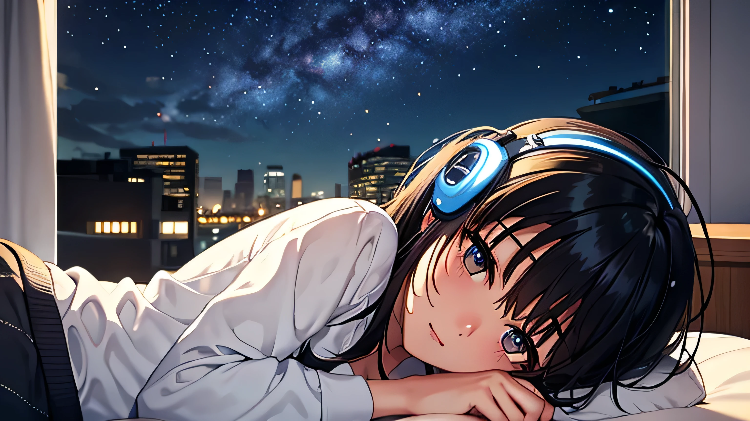 Adult woman reading　headphone　coffee　Night view from the window　Starry Sky　Subtle lighting　bed　relax　Calm　Black Hair