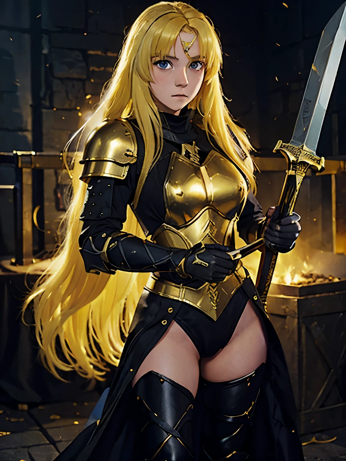 High resolution, a age woman, long and straight golden yellow hair, dark purple eyes, wearing black knight armor, holding a sword