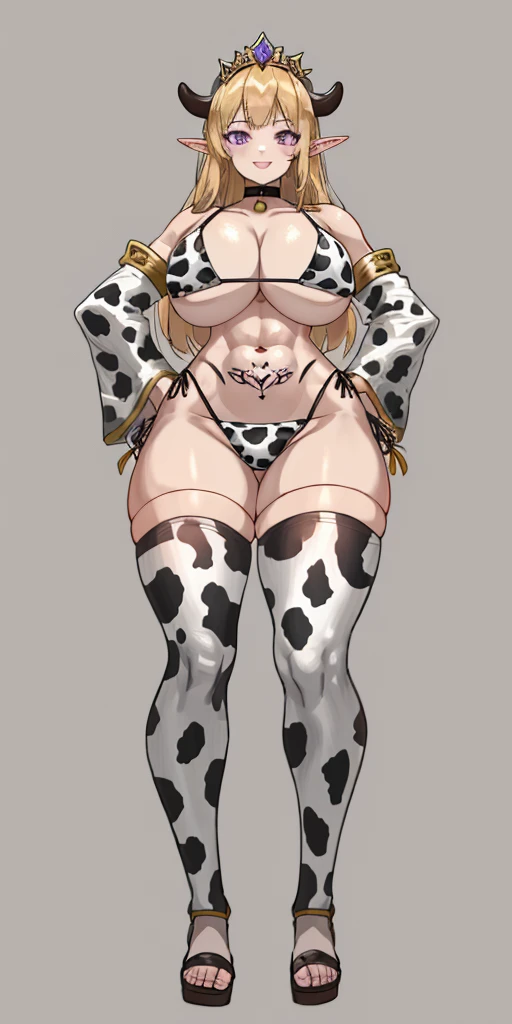((plain background:1.2)) ((1girl)) full body, standing, elf, mature, detailed happy face, purple eyes, blonde hair, black and white bikini (cow print bikini) (detached sleeves and stockings like ciw print) abs, big knockers, golden chain collar, stomach tattoo (red tattoo under belly button) (navel) whole body, 1solo (girl), slave fighter, loincloth standing, hands on hips, metal sandals, choker, big belt, looking to viewer, view from below, cow boy shot, far shoot, feet together, bracers, tiara