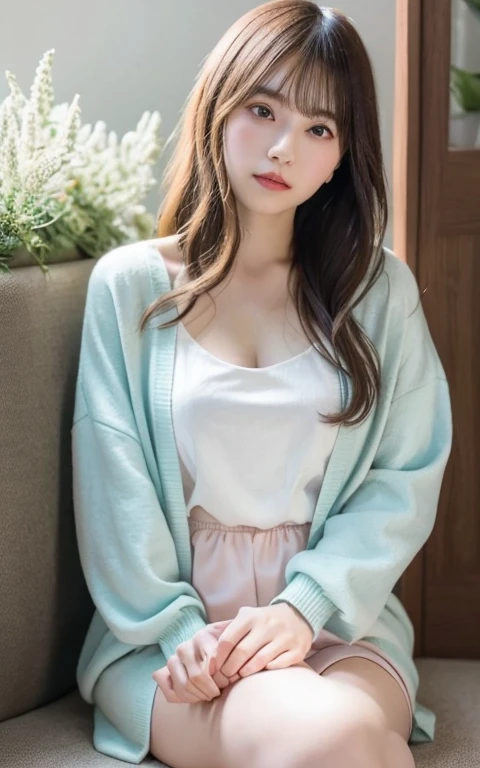 masterpiece, highest quality, 8k, 20th Generation, Large Breasts, cute, alone, sad, cute, Girlish, Delicate girl, Pure beauty, RAW Photos, Professional photography, Portraiture, Soft Light, Professional Lighting, Backlight, Head to Knee, avert your eyes, Sophisticated, Film Grain, (Eyes and facial details:1.0), Short floating hair, Beautiful, flowing hair, bangs, (Loose cardigan(pastel colour、Water color))、(Large Breasts:1.0)、You can see a little cleavage、Micro Mini Skirt、Voluptuous thighs、Dolly Makeup、Odd Eye、The left and right eyes are different々The color of