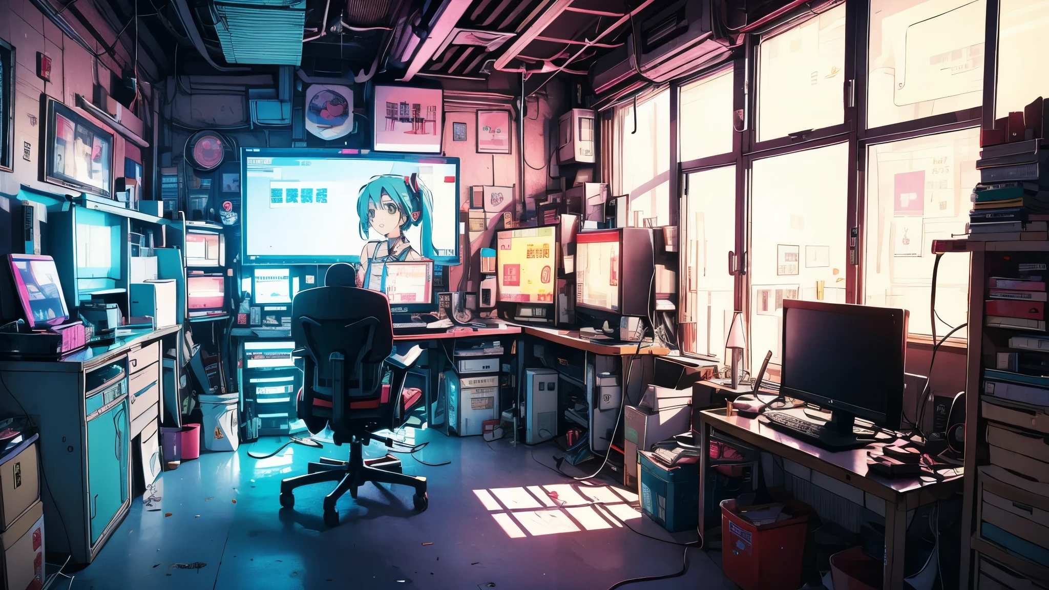 Cyberpunk style cluttered room. More neon. Many machines of unknown use. Large windows with a sense of openness. It is sunny outside. Sitting on a chair is Hatsune Miku.
