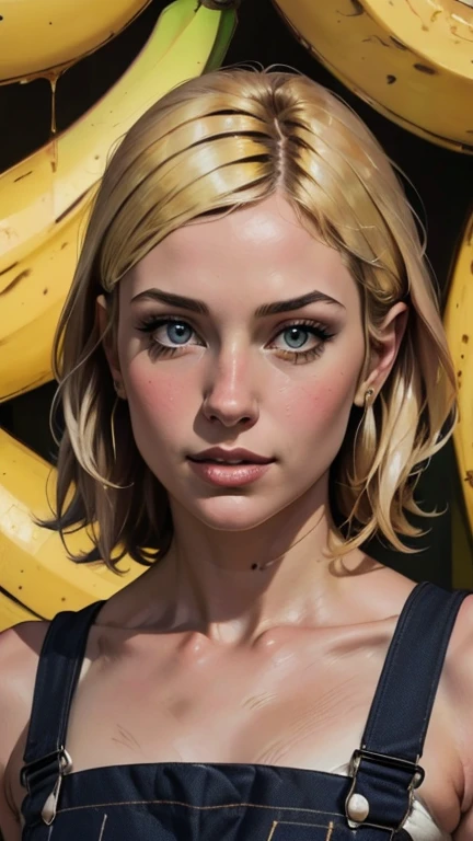 {{{highest quality}}}, {{Very detailed}}, {{Very delicate and beautiful}}, (highest quality, In 8K, 32k, )、realistic oil painting 、Girl wearing a banana peel、Overalls、Line art、Blonde