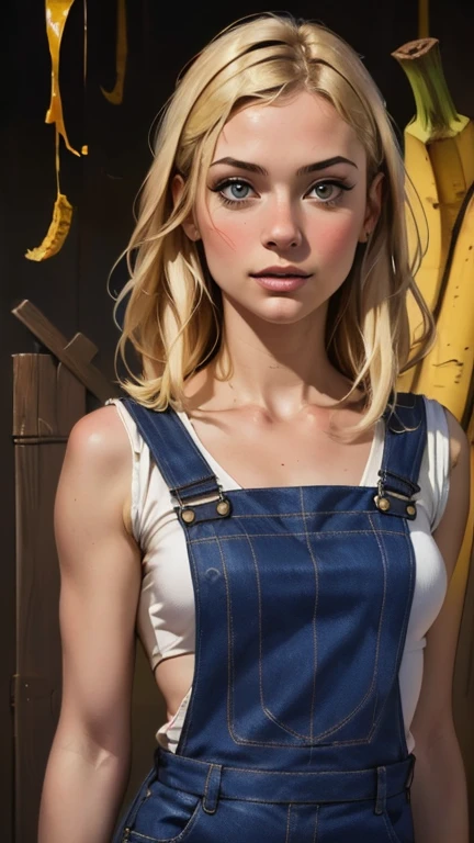 {{{highest quality}}}, {{Very detailed}}, {{Very delicate and beautiful}}, (highest quality, In 8K, 32k, )、realistic oil painting 、Girl wearing a banana peel、Overalls、Line art、Blonde