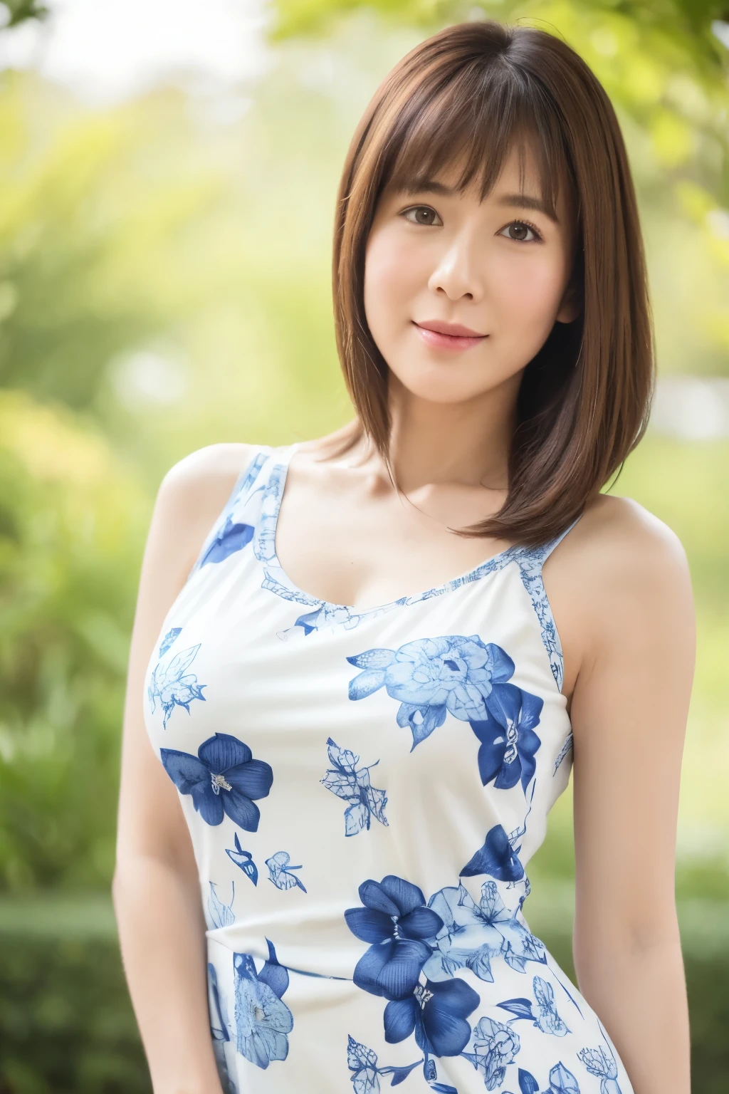 highest quality, masterpiece, High resolution, Realistic, RAW Photos, 8k wallpaper, perfection, Professional Lighting, Very detailed, Depth of written boundary, ((One beautiful woman)), 40 years old, (Sexy Woman), ((blue and white floral dress)), Upper body shot above the waist, Standing straight with good posture, ((Looking at the camera)), Detailed face and skin texture, Detailed eyes, at the park, bangs, Shapely breasts, Light brown straight hair, Medium length straight hair that falls to the shoulders, (The hair length on both sides is the same), Faint lips