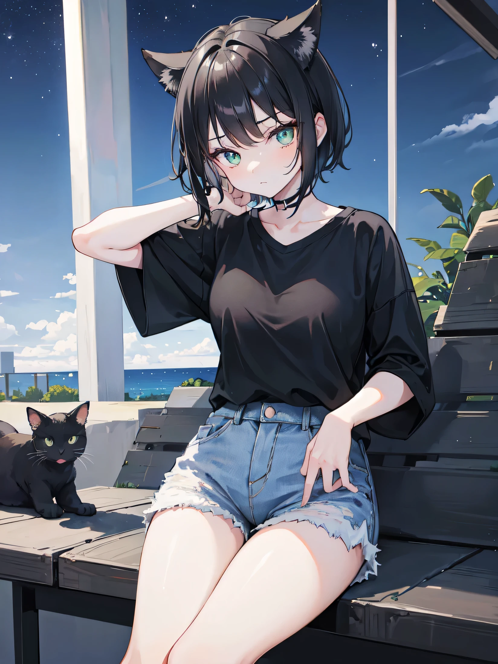 1girl, short black hair, greeneyes, cat ears, wearing plain black shirt, denim shorts, night sky, absurdres, high res, ultrasharp, 8K, masterpiece, looking at viewer