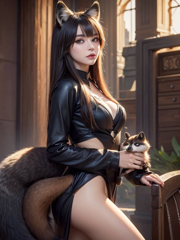 ((highest quality, 32k)), ((masterpiece)), (Get used to it), Perfect Face, Fox Girl, Beautiful woman, public, Has a tail, She has a raccoon's tail, She wags her fluffy tail, smile, Dog collar, She is wearing a dress, Beautiful hip line, A tail protruding from the dress skirt, , Get down 