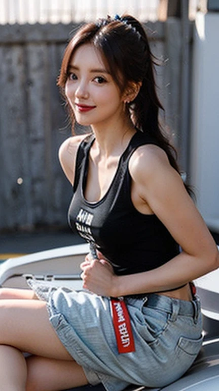 (High resolution 8K),( highest quality), Very detailed, (masterpiece), Realistic, Very detailedなかわいい女の子,( Age 25), (From the whole body to the toes:1.2),(Shooting from the side:1.2),(sitting on the hood of a car),(Race Queen),(Natural pose),(Hair tying pose),(Big Breasts),(Big Ass),(Smiling at the camera),( Smiling while looking at the camera ),(Full Body Shot:1.2) ,((Side shot 1.2)),(ponytail),(photoRealistic:1.3),((Wear a sponsored grid girl costume,Wearing a tank top with a logo printed on it)), ((Logo Print Shorts)),(Participate in a motorsport race), (Look at me and smile),
