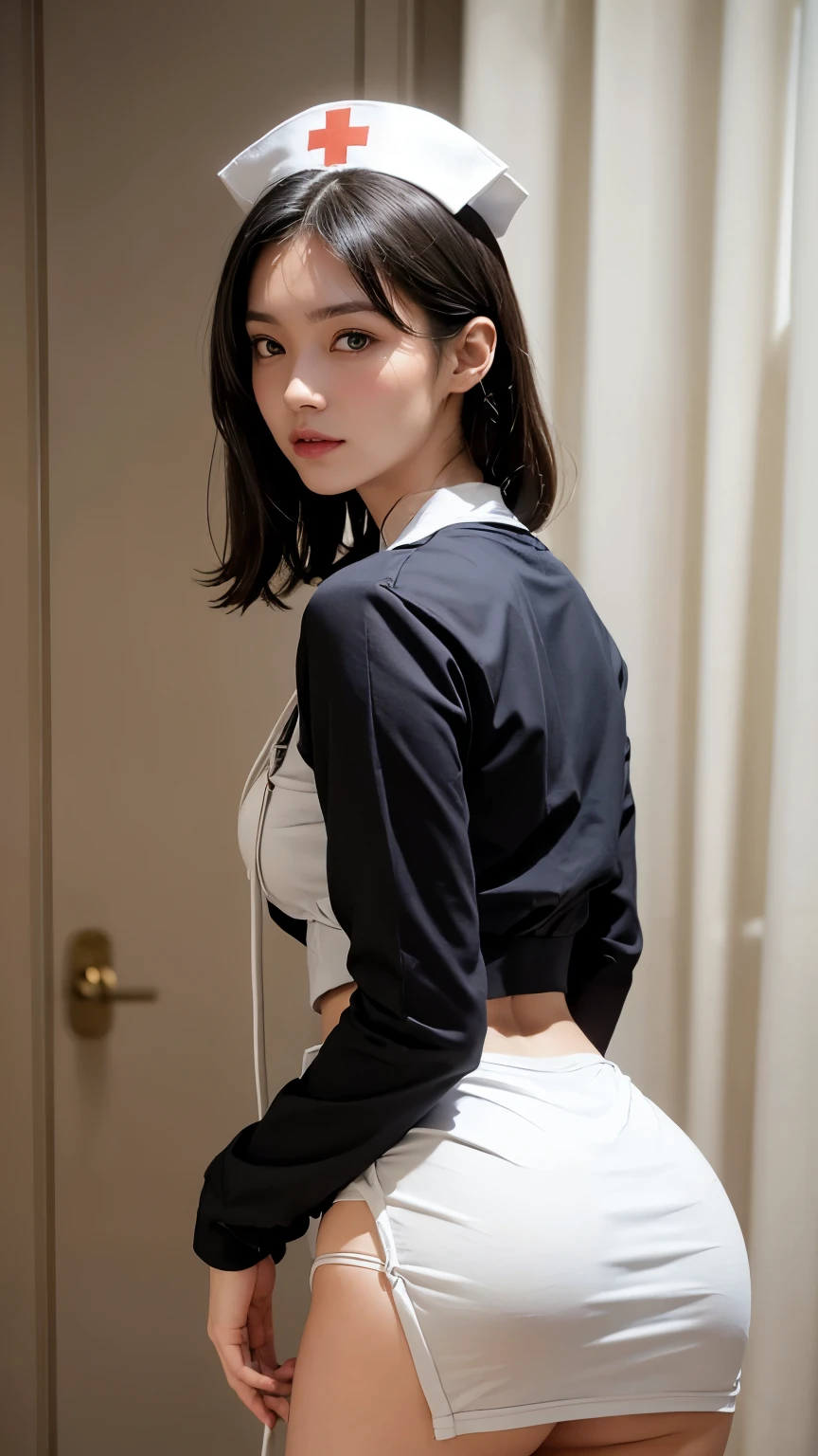 (((Backwards:2.0, Face your buttocks towards the camera:2.0, Accentuate your butt:2.0))), ((Clothing:1.8, nurse's uniform:2.0, White Nurse Dress:2.0, skirt:2.0)), ((Hospital room:1.5)), 1 Girl, solo, ((Medium Hair:1.2, A grin:1.2)), 18-year-old, 7 heads, Ideal body proportions, Black Hair, With bangs, Small breasts, slender, Small Ass, Beautiful feet, Skinny Legs, Surrealism, Cinematic Lighting, Depth of written boundary, First Person View, F/1.8, 135mm, Ticker, Mastepiece, Curate, ((Anatomically correct:1.3)), Textured skin, Super Detail, High detail, High quality, Awards, Best Quality, High resolution, 8K