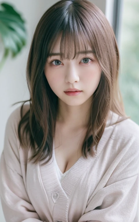 masterpiece, highest quality, 8k, 20th Generation, Large Breasts, cute, alone, sad, cute, Girlish, Delicate girl, Pure beauty, RAW Photos, Professional photography, Portraiture, Soft Light, Professional Lighting, Backlight, Head to Knee, avert your eyes, Sophisticated, Film Grain, (Eyes and facial details:1.0), Short floating hair, Beautiful, flowing hair, bangs, (Loose cardigan(pastel colour、Water color))、(Large Breasts:1.0)、You can see a little cleavage、Micro Mini Skirt、Voluptuous thighs、Dolly Makeup、Odd Eye、The left and right eyes are different々The color of