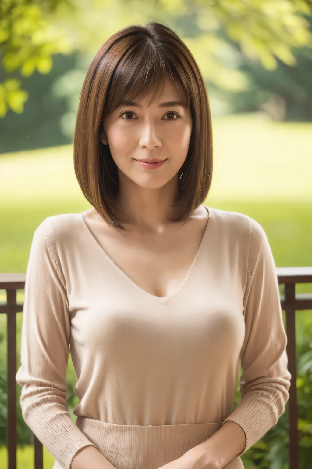 highest quality, masterpiece, High resolution, Realistic, RAW Photos, 8k wallpaper, perfection, Professional Lighting, Very detailed, Depth of written boundary, ((One beautiful woman)), 40 years old, (Sexy Woman), ((Thin V-neck knit shirt)), Upper body shot above the waist, Standing straight with good posture, ((Looking at the camera)), Detailed face and skin texture, Detailed eyes, at the park, bangs, Shapely breasts, Light brown straight hair, Medium length straight hair that falls to the shoulders, (The hair length on both sides is the same), Short Hair, Faint lips
