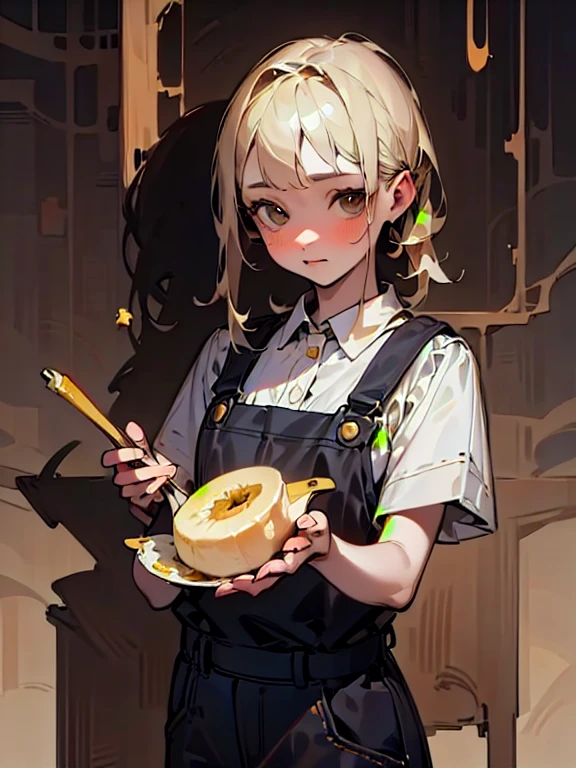 {{{highest quality}}}, {{Very detailed}}, {{Very delicate and beautiful}}, (highest quality, In 8K, 32k, )、realistic oil painting 、Girl wearing a banana peel、Overalls、Line art、Blonde
