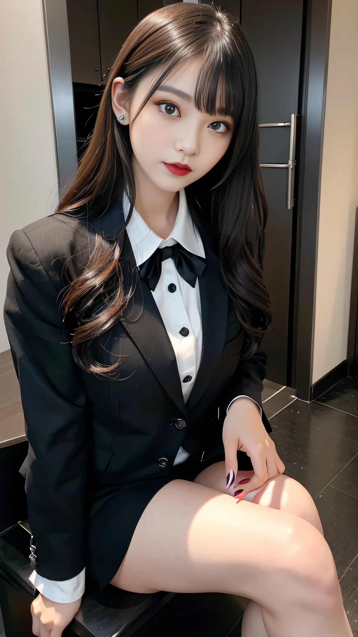 best quality、ultra-detailed、4k、Japanese、Seductive beauty、seductive adult woman、Pretty Woman、cool girl、Villainess、Brainwashed、brainwash、Fallen into evil、smirk、Evil look、Wicked Smile、evil、Brown hair、wavy hair、swept bangs、dark makeup、dark makeup、piercing eyes、hollow eyes,half-closed eyes、Hollow Eyes、purple Eyeshadow、black lipstick、black lipglos、uniform、blazer、White Shirt、Black Ribbon、flare skirt、Beautiful feet、Shining Legs、night、inside school、Are standing、Have lipstick、Emblem of Evil、Crest of Darkness、Swear allegiance、I have pledged my allegiance、Dye black、Blackening、Stained with evil、Dyed in darkness、Whisper in my ear