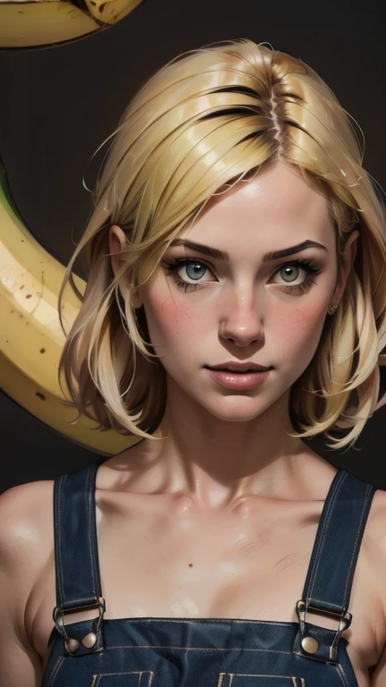 {{{highest quality}}}, {{Very detailed}}, {{Very delicate and beautiful}}, (highest quality, In 8K, 32k, )、realistic oil painting 、Girl wearing a banana peel、Overalls、Line art、Blonde