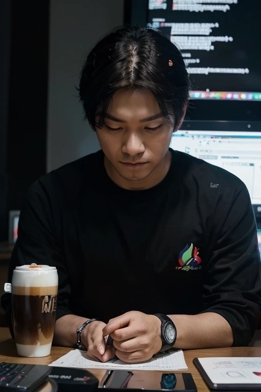 create a picture of focusing anime who is doing programming. He is wearing a apple watch. The background is dark room. He wear shirt with his name "NINE KAUNG SAN -- " font letters glowing with light. Also add some more gadgets on computer table such as digital clock, dual monitor, book and cup of coffee and "Coffee date" on coffee cup.