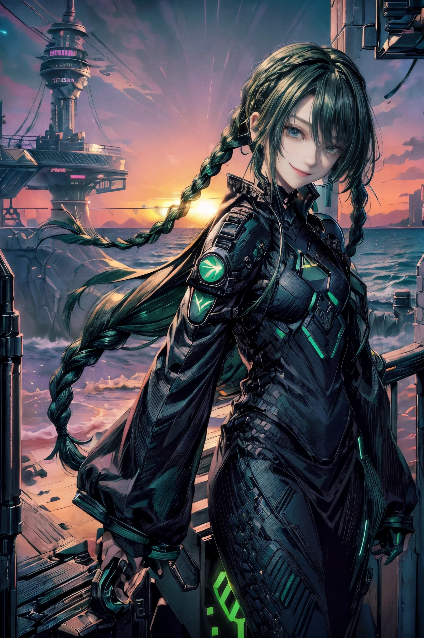 Cinema Lighting、highest quality,Cyberpunk World、1 female、Black Theme、(19 year old beauty、Small breasts、Slender body、blue eyes)(Black and green hair、Braided Hairstyles、Shoulder-length hair:1.2)(Greet with a smile:1.4)、break.(Moss Green Hair)BREAK(Stylish cyber battle suit with a predominantly black color scheme、Tech Sneakers:1.2), (Headphone microphone attached to the head:1.2)、break、(On a mission)stand(Quay with ocean view、sunset)
