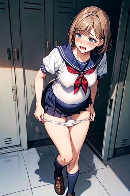(((perfect ???????, anatomically correct, super detailed skin))), 1 girl, japanese, high school girl, shiny skin, watching the viewer, ((back view, from below)), 
beautiful hair, beautiful face, beautiful detailed eyes, (short hair:1.1, bob cut:1.2), dark blonde hair:1, blue eyes, babyface, mole under eye, 
beautiful clavicle, beautiful body, beautiful ???????, ?????????????:0.5, beautiful thighs, beautiful legs, ?????????, 
((short sleeves, all dark blue cute sailor suit, dark blue pleated skirt, dark blue sailor collar, sailor scarf, socks, brown loafers)), seductive thighs, (red slave collar), 
((ashamed, scared, sad, tears, cry, half-open mouth)), standing, (((leaning forward), ??????????, raise one leg, white ????? pull)), 
(beautiful scenery), summer, school, locker room, 
8k, top quality, masterpiece​:1.2, extremely detailed), (photorealistic), beautiful illustration, natural lighting, full body,(((pregnant woman))),