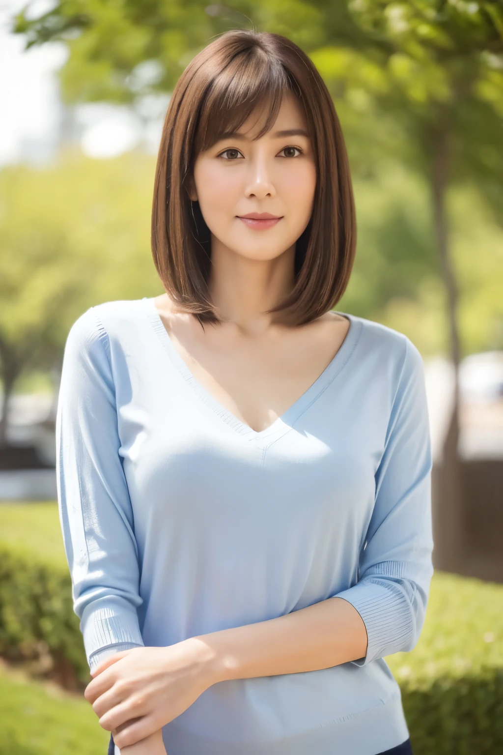 highest quality, masterpiece, High resolution, Realistic, RAW Photos, 8k wallpaper, perfection, Professional Lighting, Very detailed, Depth of written boundary, ((One beautiful woman)), 40 years old, (Sexy Woman), ((Light blue V-neck knit shirt)), Upper body shot above the waist, Standing straight with good posture, ((Looking at the camera)), Detailed face and skin texture, Detailed eyes, at the park, bangs, Shapely breasts, Light brown straight hair, Medium length straight hair that falls to the shoulders, (The hair length on both sides is the same), Short Hair, Faint lips