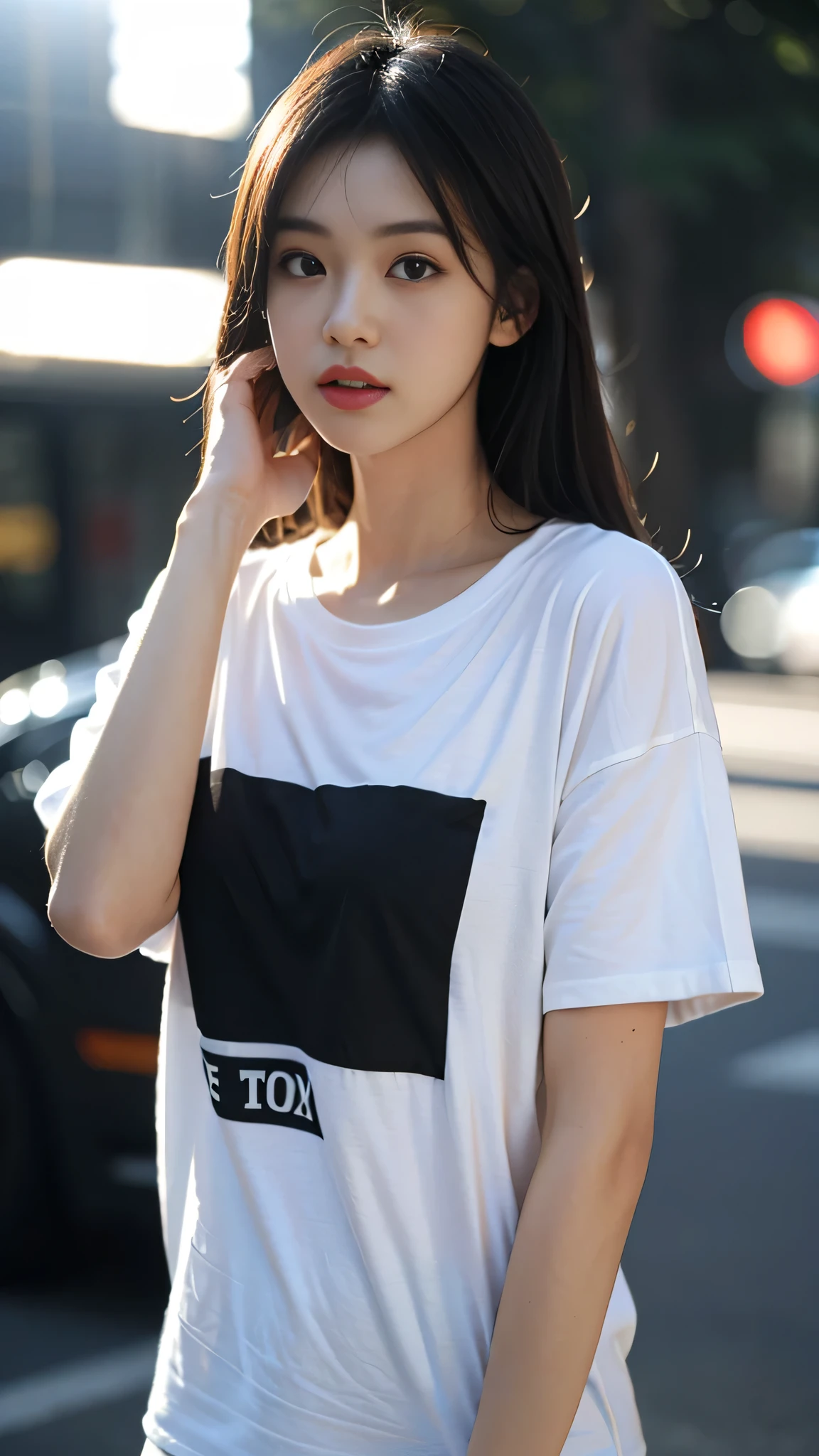Girl in oversize t-shirt and short for photo、oversize t-shirt、Moderately bust、22-year-old female model, CG rendering, Blurred background, deep shadow, 16K, Very detailed, wallpaper, depth of field, movie light, lens flare, Ray tracing.
