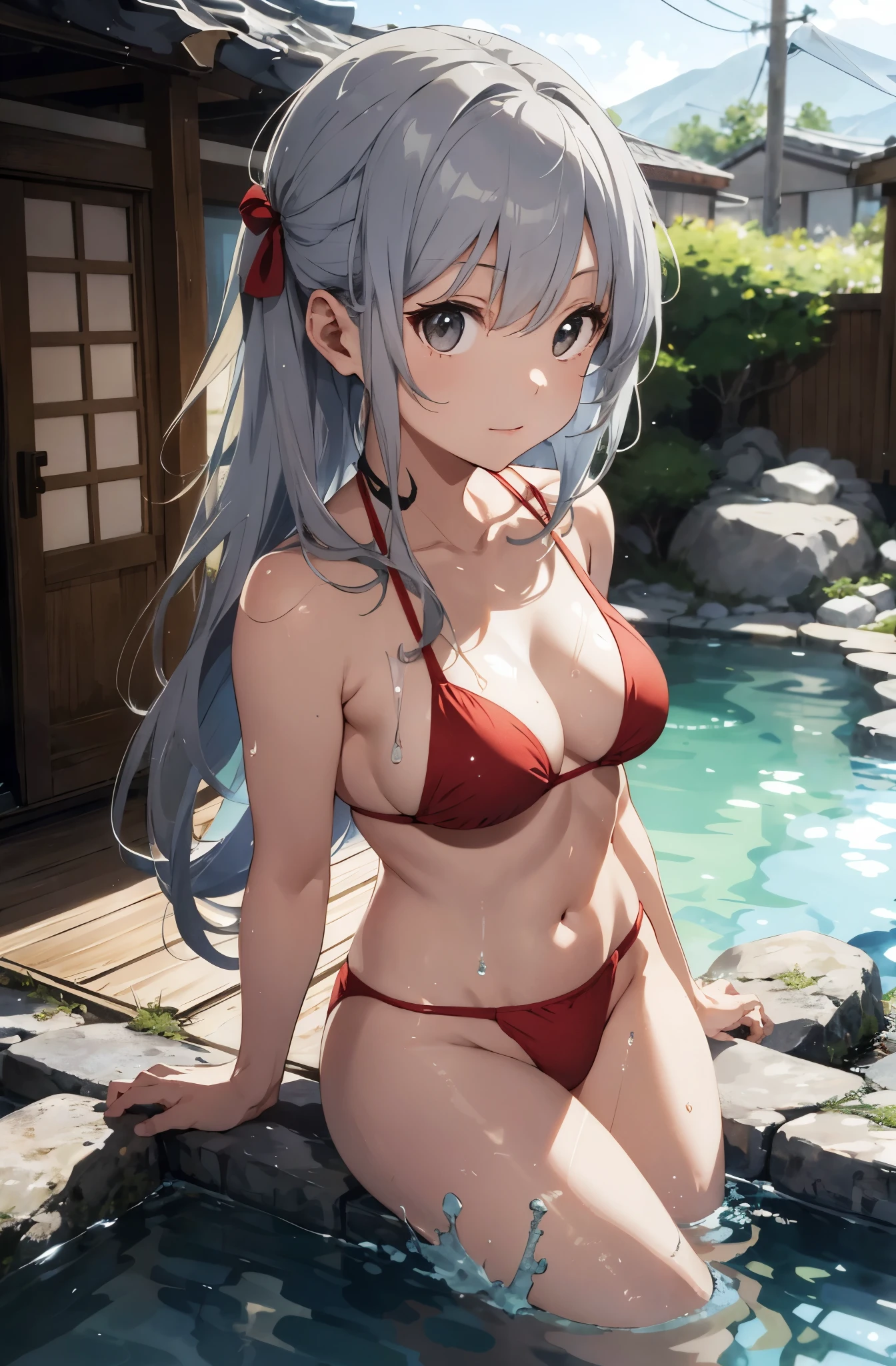 Silver-haired girl drawn in high resolution Japanese anime style、Realistic background blur that looks like it was taken with a high-performance camera.、Please provide high quality illustrations........。Beautiful woman soaking in a hot spring with a relaxed expression.、The steam rising from the bathtub is beautifully depicted..................。Attention to detail in hair and skin、There are no houses around、quiet､Enjoy the natural texture。Communicating the atmosphere of a hot spring town、Please also draw the surrounding scenery and hot spring facilities..................。Highlighting a beautiful girl in a red bikini。。。、Please draw an illustration that captures her charm..................。Wakame seaweed、Wakame seaweed、Wakame seaweed、Wakame seaweed、Wakame seaweed、Wakame seaweed、