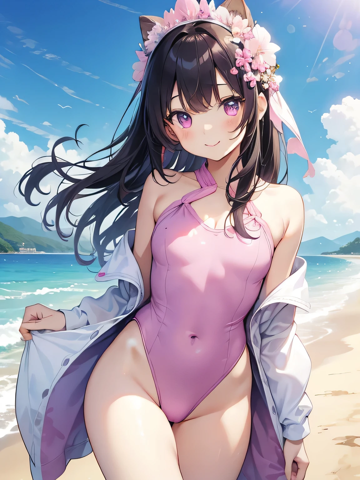 highest quality、Highest image quality、Beautiful eyes、very delicate and beautiful、Beautiful eyes、pink eyes、Soio、Soio、11 year old girl、Japanese、、Chiquita、Noble、primary school student、black hair、barefoot、(Judo)、(((The lower body is in a pink leotard)))、(High leg)、tiara on head、smile、Standing, facing forward、The background is a beach