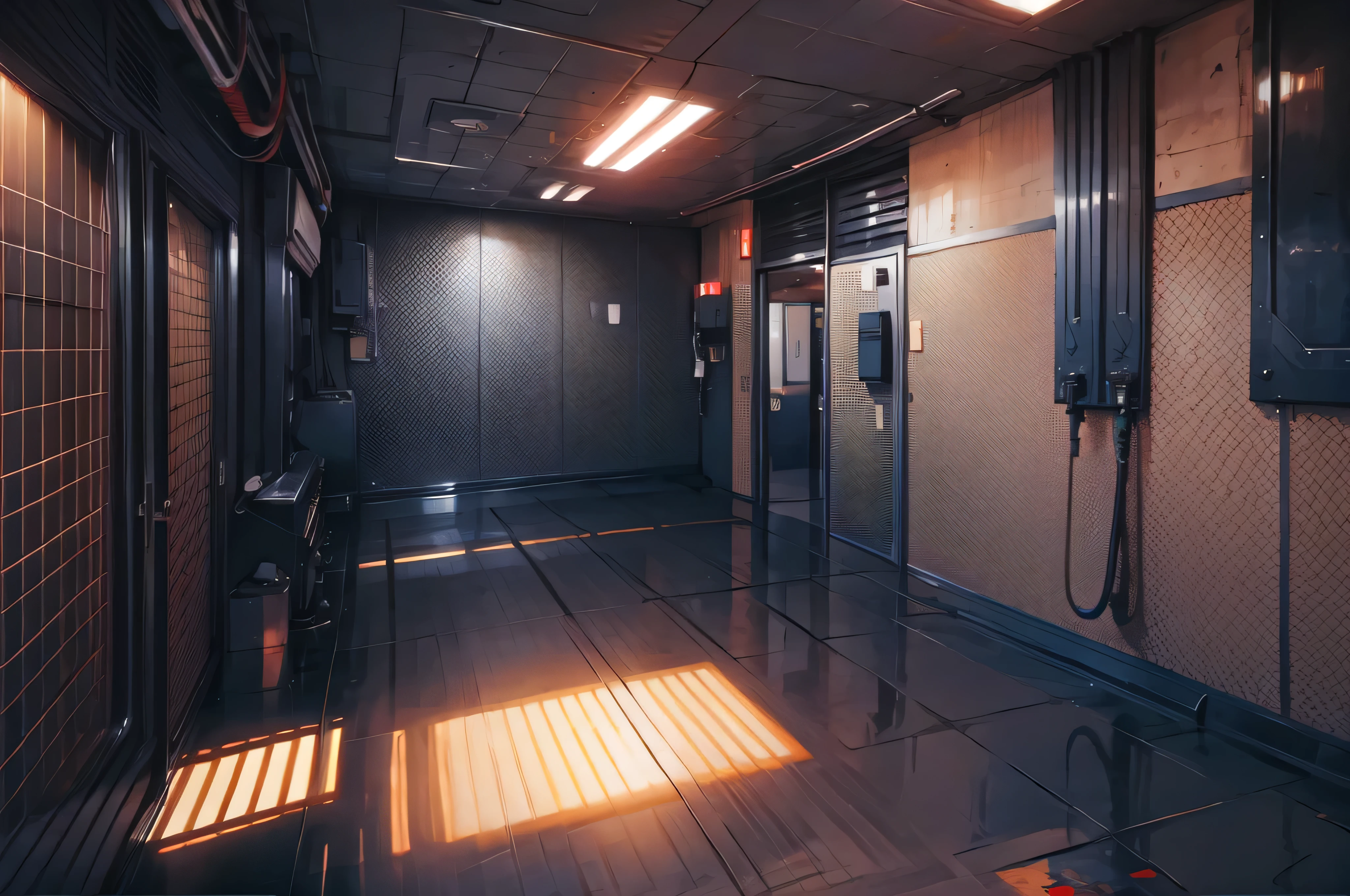 One side black，Metal texture wall，Metallic floor，Rusty，Chamber environment，Dim lighting，Urban pop style