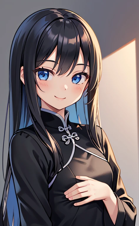 (masterpiece:1.4、top-quality、illustration:1.4,realistic、)、(character focus、breast focus,upper body:1.3)、(1girl),(happy smile:1.3),(cute),cute face,blue eyes、(cute)、
,(stand:1.4),(black long hair),
,(slender),(china dress:1.3),
(),(), (small breasts:1.3)、
、slender、