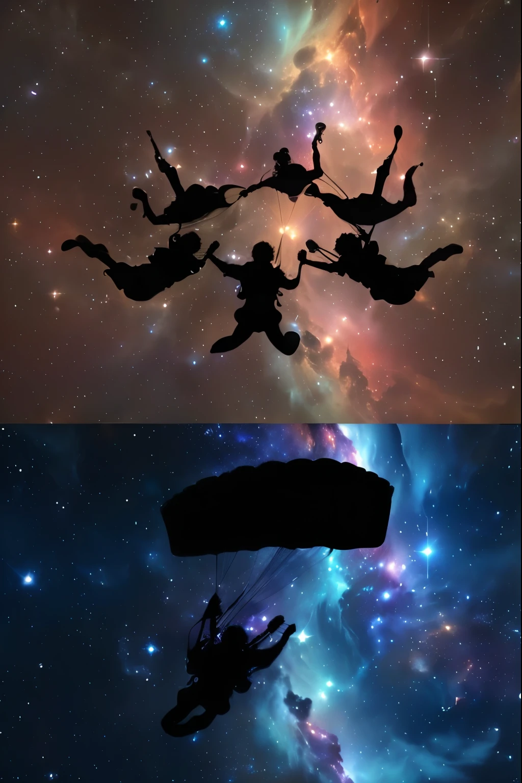 there are many people flying in the sky with parachute, flutuando in the cosmos nebula, flutuando in a nebula, flutuando in a cosmic nebula, flutuando!!! in a nebula, flutuando na frente de uma nebulosa, voando pelo universo, flying in space, flutuando in space, flutuando in deep space, flutuando in the universe, uma colagem de viagens espaciais