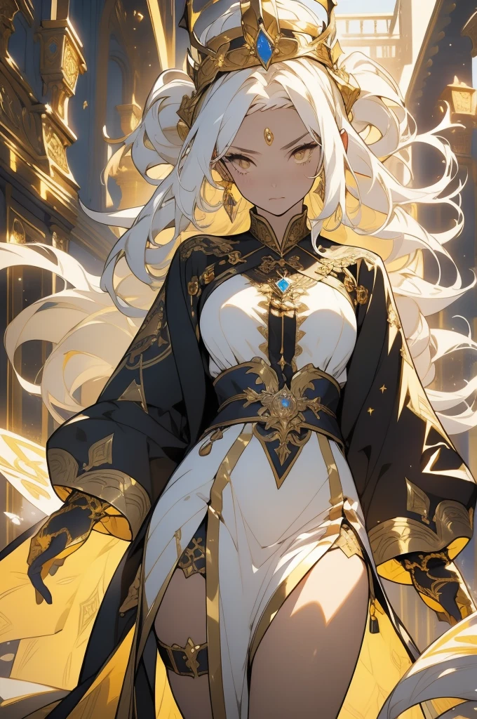 (looking at pov) highly detailed face, realistic face, (oversized clothes:1.2), miniskirt,  (dark coat with ornate golden embroidery, golden embellished), (white hair, golden streaks on hair), yellow eyes, thigh strap, (clouds), add_detail:1, hair over one eye, (ultra-detailed), hyper details, (intricate details), (cinematic light, best quality Backlights), from pov, perfect body, ), (crown: 1.1), Proud, high contrast, (best illumination, an extremely calm and beautiful), Daylight, 1girl, (masterpiece), best quality, Character casting a powerful magical spell, Energy radiating from the character's body, Intense concentration on the character's face.