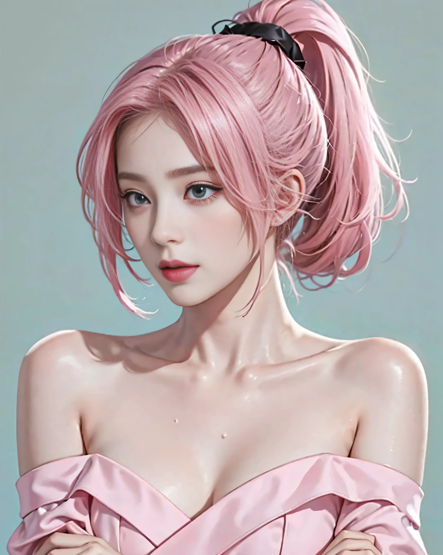 masterpiece, highest quality, 1 girl, naked shirt, shirt tug, shirt, off shoulder, ponytail, Sweaty armpits, Large and big boops, perfect body, look at viewer, pink hair, pretty dress, wear black pretty dress, sweet, kawai, real,