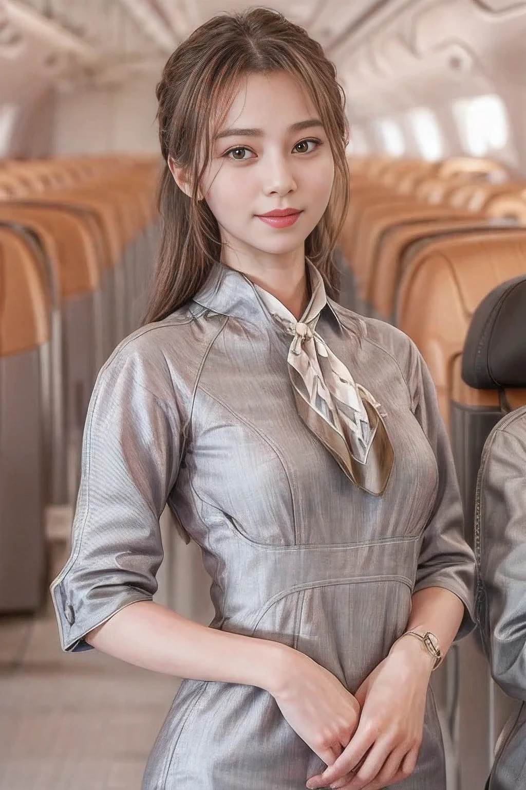 (masterpiece:1.2、highest quality:1.2)、32K HDR、High resolution、(alone、1 girl、Slim figure、A young woman aged 25)、（Realistic style with Starlux Airlines uniform）、 (In the airport lounge, Professional Lighting)、（Starlux Airlines silver uniform:1.4）、（Starlux Airlines silver uniform with short sleeves）、（scarf on chest）、Big Breasts、（Long hair updo、Long hair tied back in a chignon）、Dark brown hair、Long Shot、（（Fine hand：2.0））、（（Harmonious body proportions：1.5））、（（Normal limbs：2.0））、（（Normal finger：2.0））、（（Delicate eyes：2.0））、（（Normal eyes：2.0））)、Beautiful standing posture