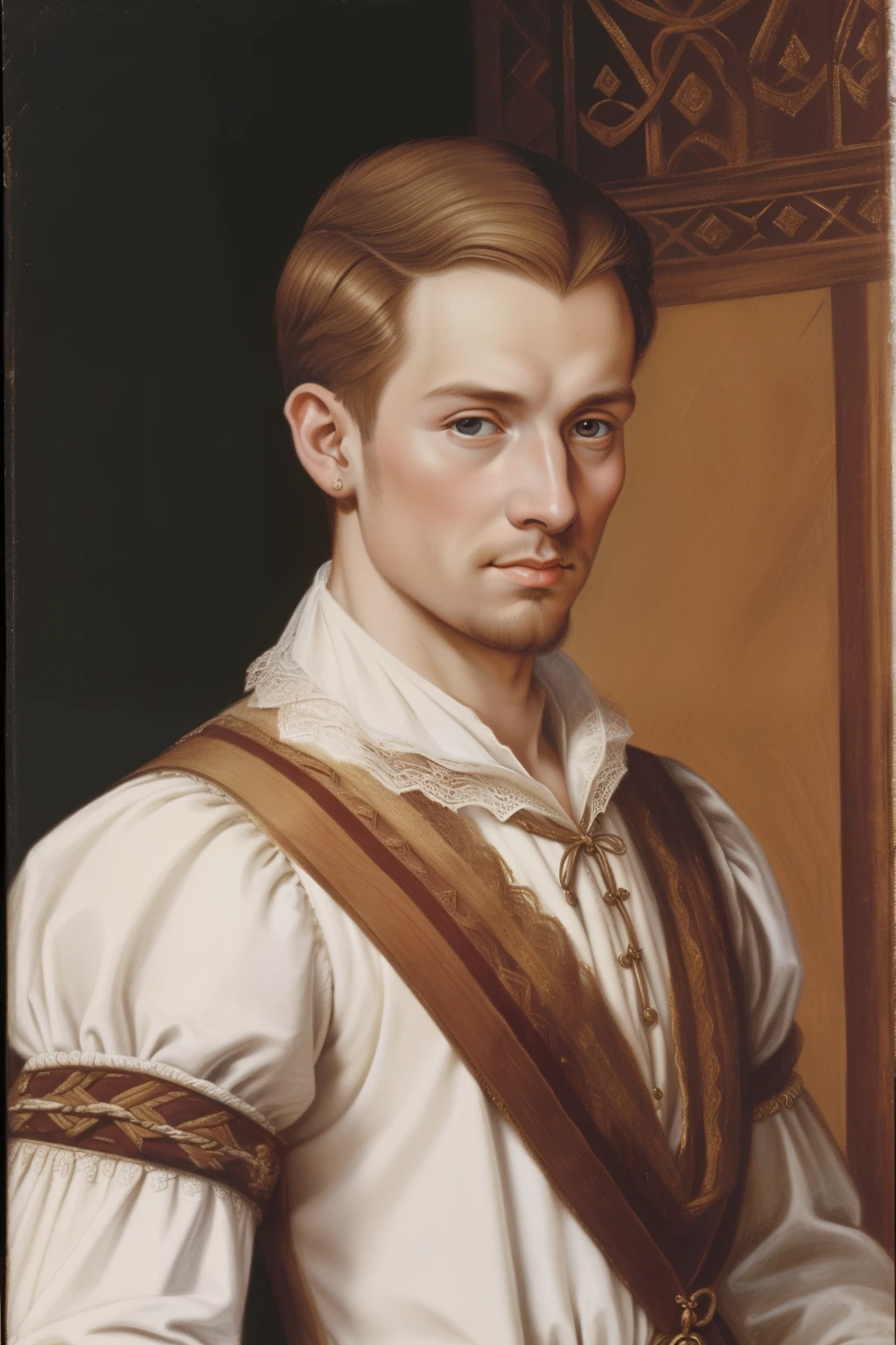 England, 1563. A young ((((23-year-old)) Ned Willard)), handsome, stalwart, well-groomed, in a party, ((worried expression)), ((((clothings from the 1560s)))), ((light blonde hairstyle of the 1560s)), colorful