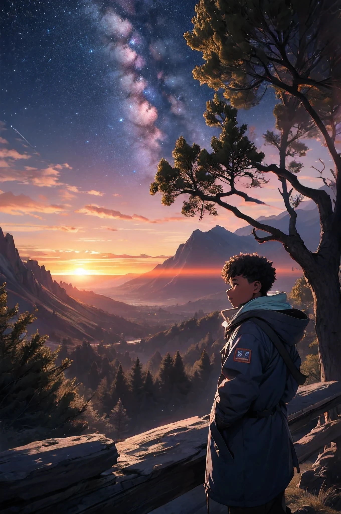 A black boy wearing a cold coat looking at the horizon surrounded by mountains in front of a cliff with an epic sunset and the sky full of twinkling stars surrounded by trees in high resolution best image quality very sharp details