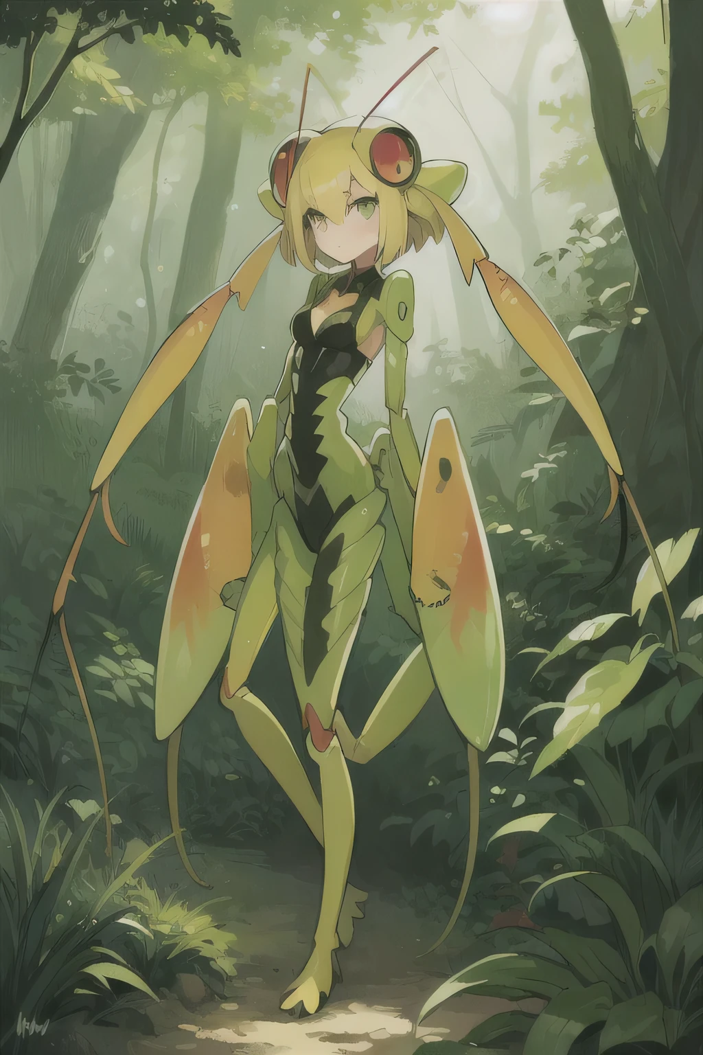 1girl, mantis girl, amber eyes, adult, full body, outdoors, forest