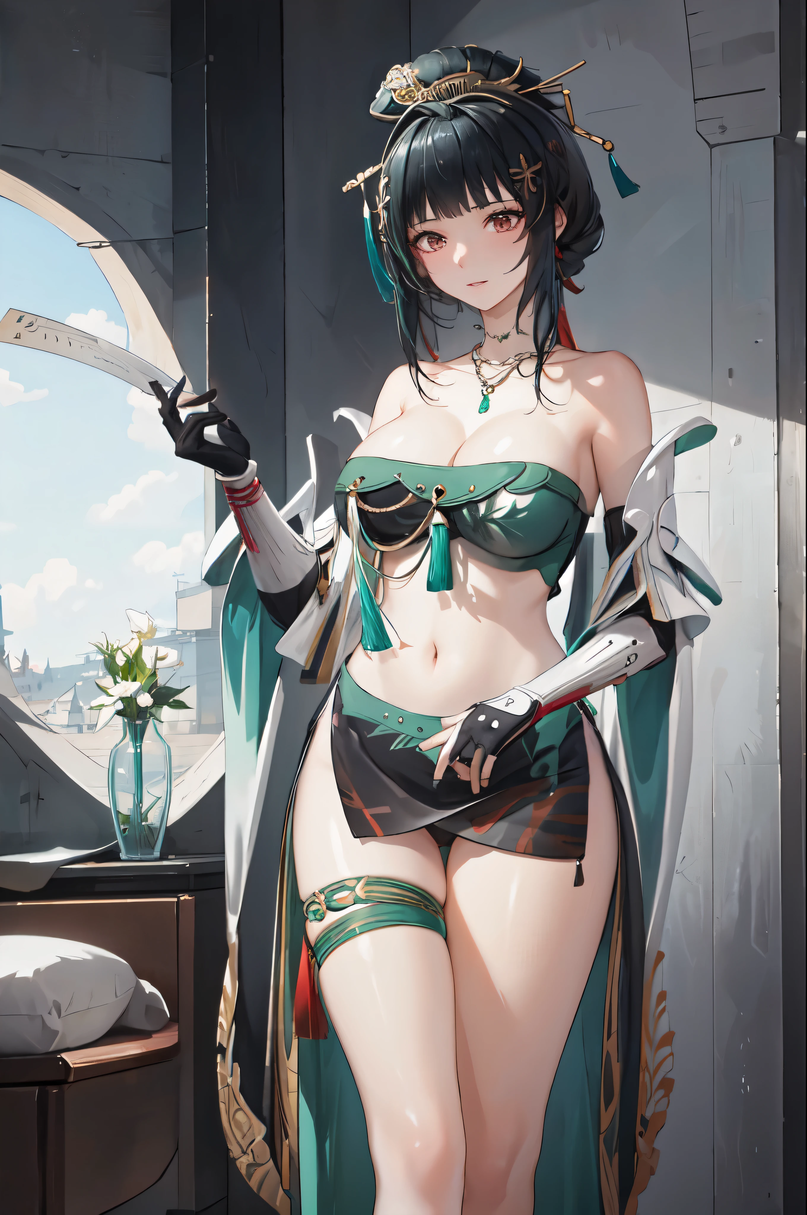 masterpiece, best quality BREAK solo, china dress, highres, 1girl, standing, (large breasts), mature female, hanying, Full body drawing, (masterpiece), (best quality), (hyperdetail), (illustration), ((extremely delicate and beautiful)), (detailed light), (prefect's body), full body drawing, Hanying, HanYing, , sexyly, sexy beline, sexy belly bn