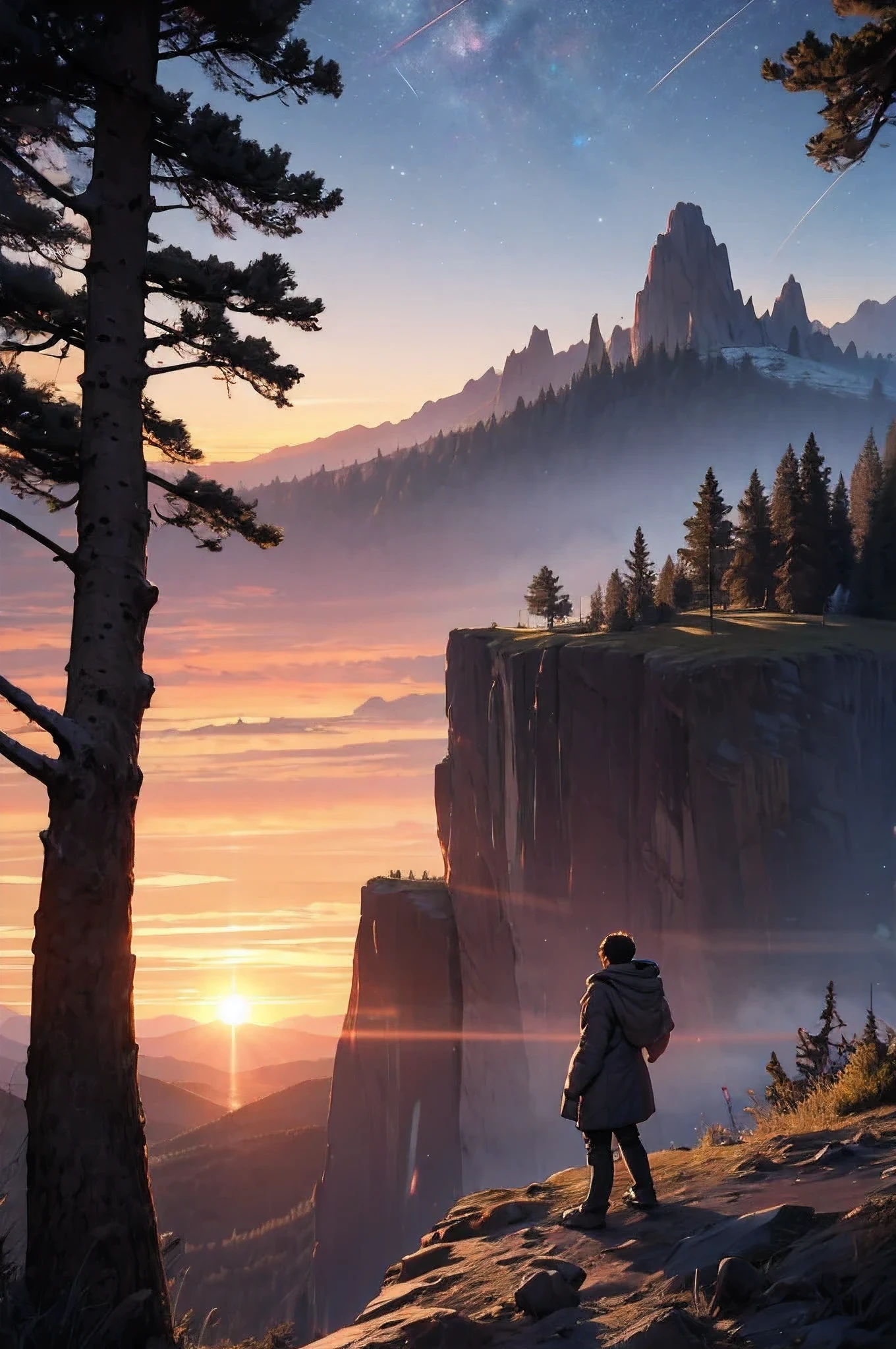 A black boy wearing a cold coat looking at the horizon surrounded by mountains in front of a cliff with an epic sunset and the sky full of twinkling stars surrounded by trees in high resolution best image quality very sharp details 