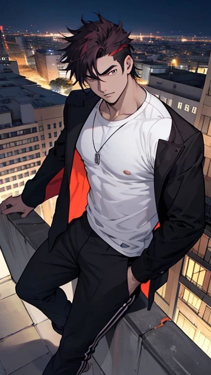 Draw a young man of 21 years old, a little muscular, looking up at the sky from the top of a building at night., el joven tiene un pelo morado largo que enta en puntas, sus ojos son de color morados y brillan de forma intensa, lleva una camisa blanca de mangas largas y por encima una chaqueta de color negro, tiene un pantalon negro y zapaton morados, el joven lleva una mirada confiada y una pose intimidante