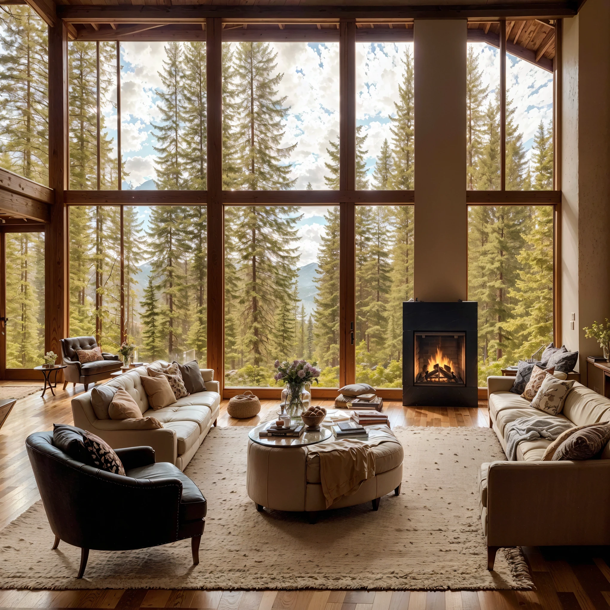 THIS EVENING WOODEN CABIN LIVING ROOM ANIME BACKGROUND, (COZY ATMOSPHERE), (SUBTLE LIGHTING), BRIGHT STONE FIREPLACE FIRE, LIONSKIN RUG THIS EVENING BEST QUALITY, TRANSPARENT GLASS WINDOWS