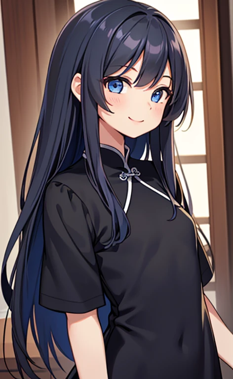 (masterpiece:1.4、top-quality、illustration:1.4,realistic、)、(character focus、,upper body:1.3)、(1girl),(happy smile:1.3),(cute),cute face,blue eyes、(cute)、
,(stand:1.4),(black long hair),
,(slender),(china dress:1.3),
(),(), (small breasts:1.3)、
、slender、