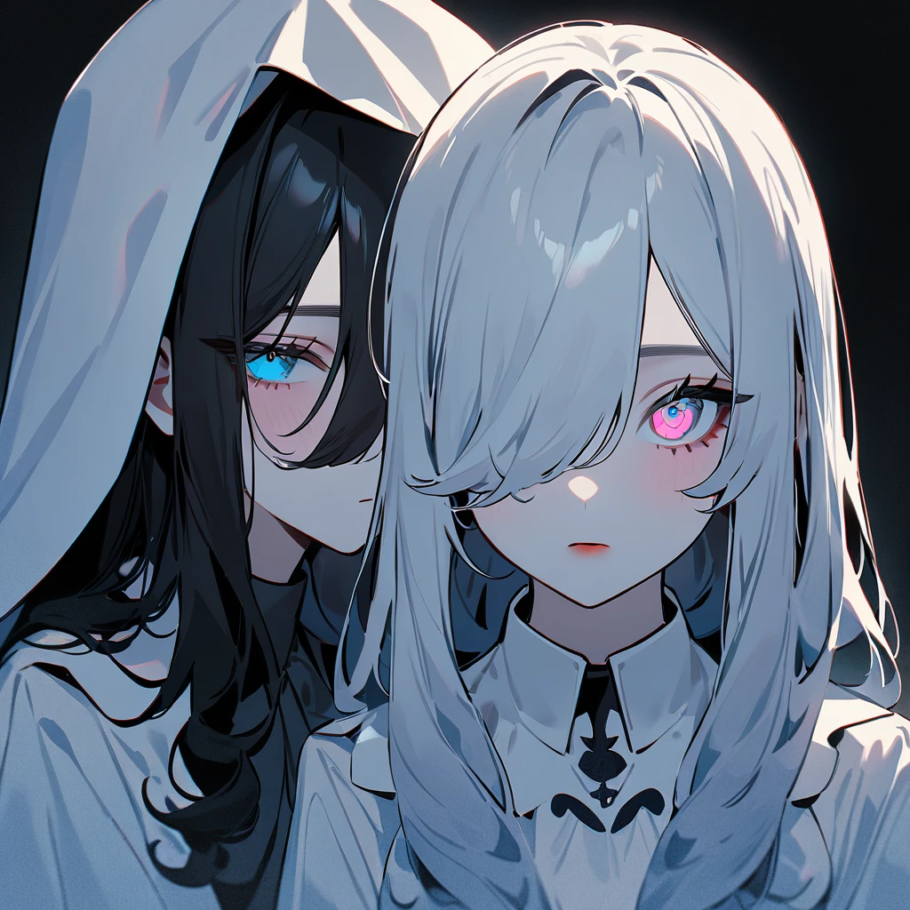 Two Girls,duo,Portraiture,pale colour,masterpiece,highest quality,so beautiful,Absurd,Alternative color,chromatic aberration,Inner hair color, High Contrast, Marble Eyes,human,habit,body,encouragement, Dark,Hair on one eye,Hair between the eyes,Kneel,Darkness and light,Curly Hair,Straight Hair,One Eye,
