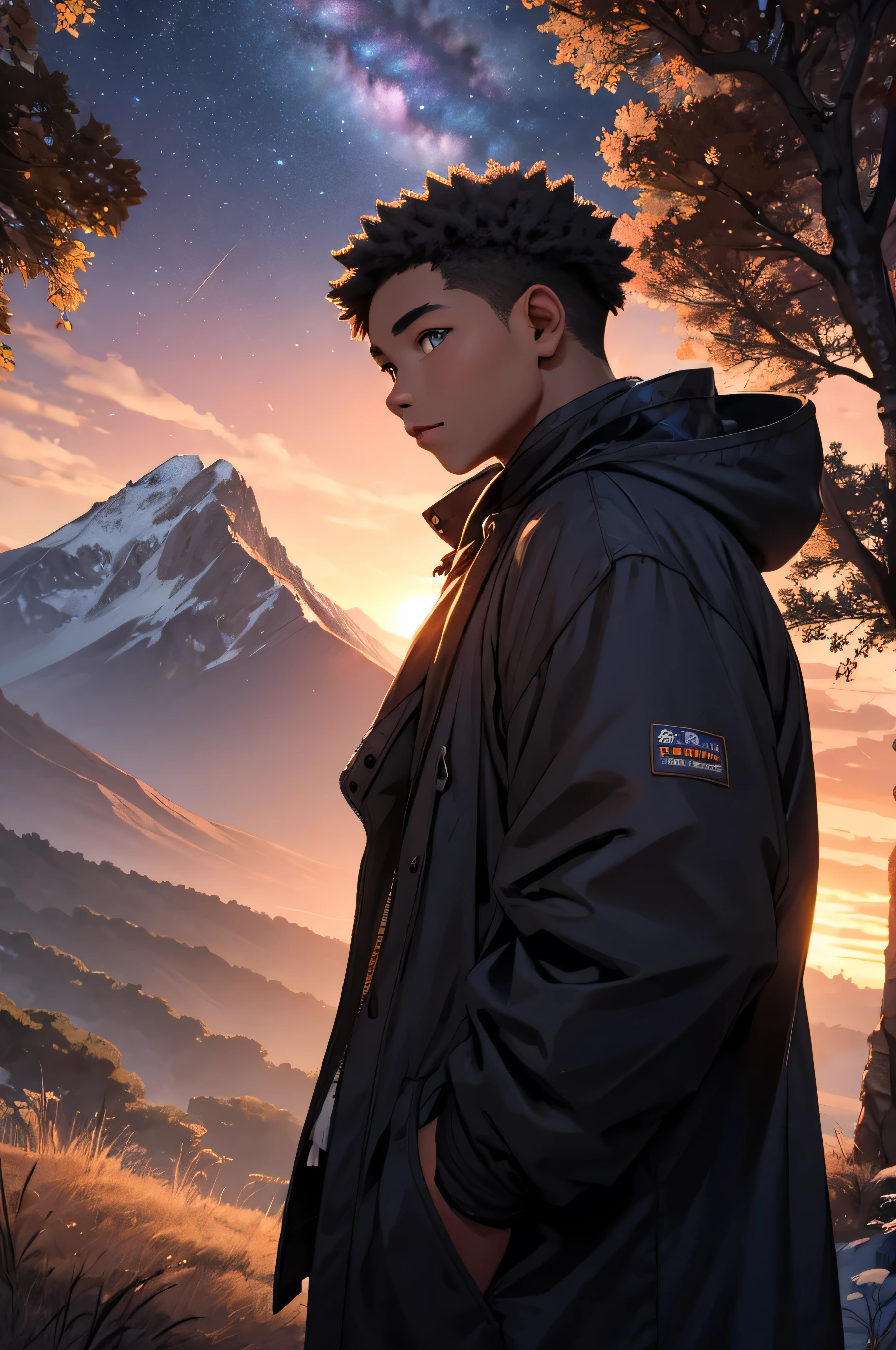 A black boy wearing a cold coat looking at the horizon surrounded by mountains in front of a cliff with an epic sunset and the sky full of twinkling stars surrounded by trees in high resolution best image quality very sharp details
