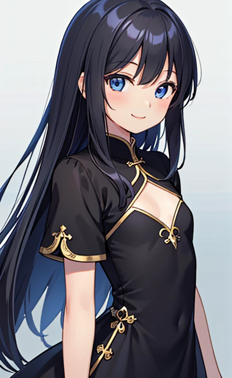 (masterpiece:1.4、top-quality、illustration:1.4,realistic、)、(character focus、,upper body:1.3)、(1girl),(happy smile:1.3),(cute),cute face,blue eyes、(cute)、
,(stand:1.4),(black long hair),
,(slender),(china dress:1.3),
(),(), (small breasts:1.3)、
、slender、